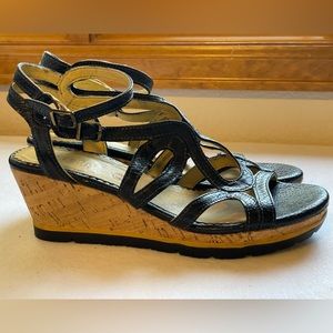 Bussola Marseille Black Snake Coal Cage Wedge cork sandals leather size 8.5